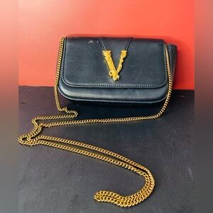 Versace Virtus Black Crossbody Bag with Gold Accent Authentic